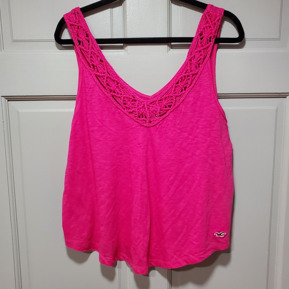 Hollister Women Tank Top Size Large Pink Crochet Boho Flowy Babydoll Camisole